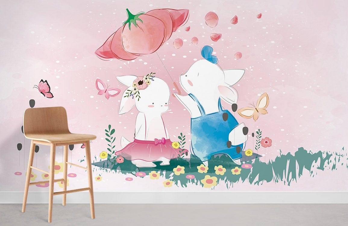 Chambre de papier peint mural de bande dessinée d'amoureux de lapin