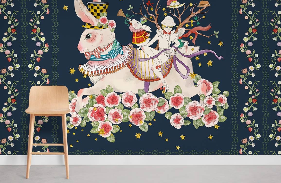 Lapins Fleurs & Fille Papier Peint Chambre Murale