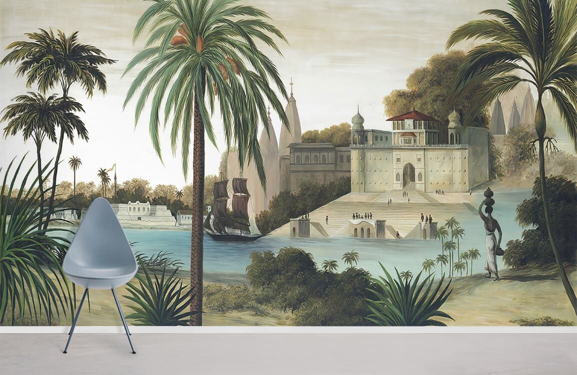 Paper peint de la rivière et de la maison tropicale chaise murale