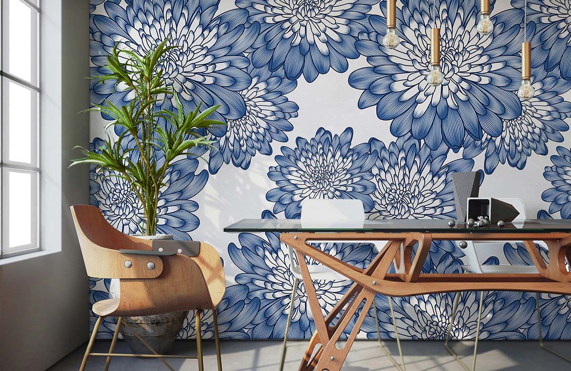 Papier peint pour chambre à motif de chrysanthème bleu