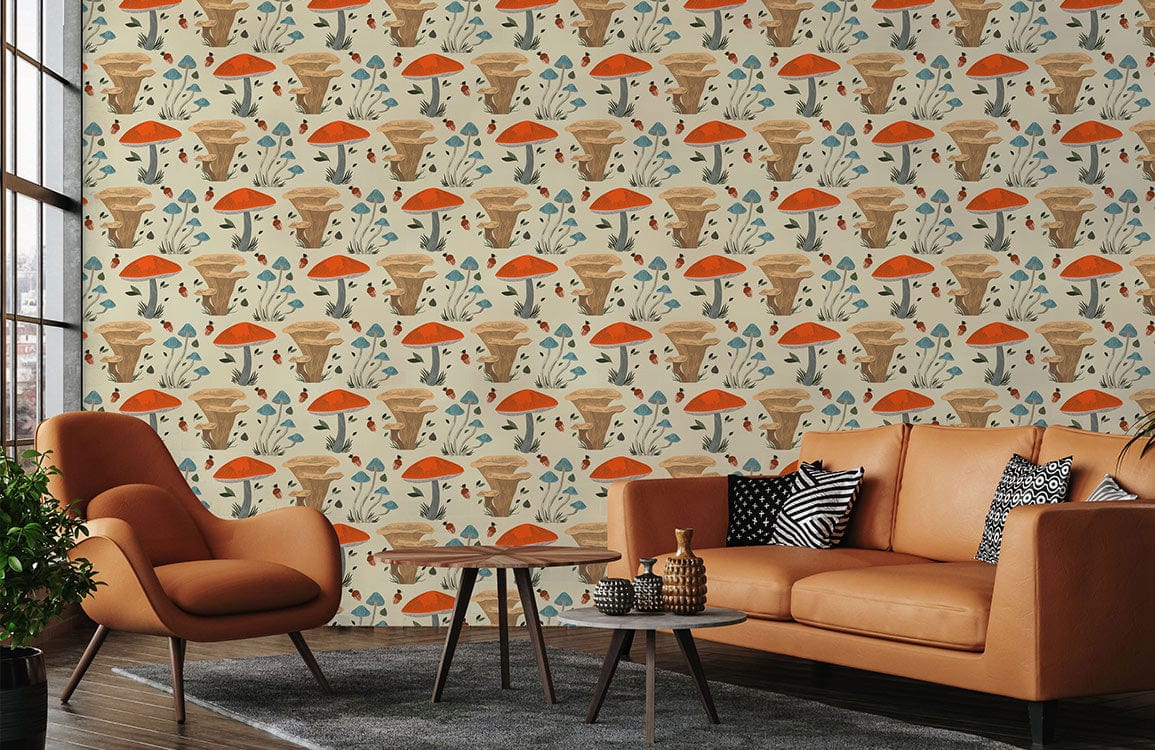 papier peint mural personnalisé pour le salon, un design de champignons orange, marron et bleu