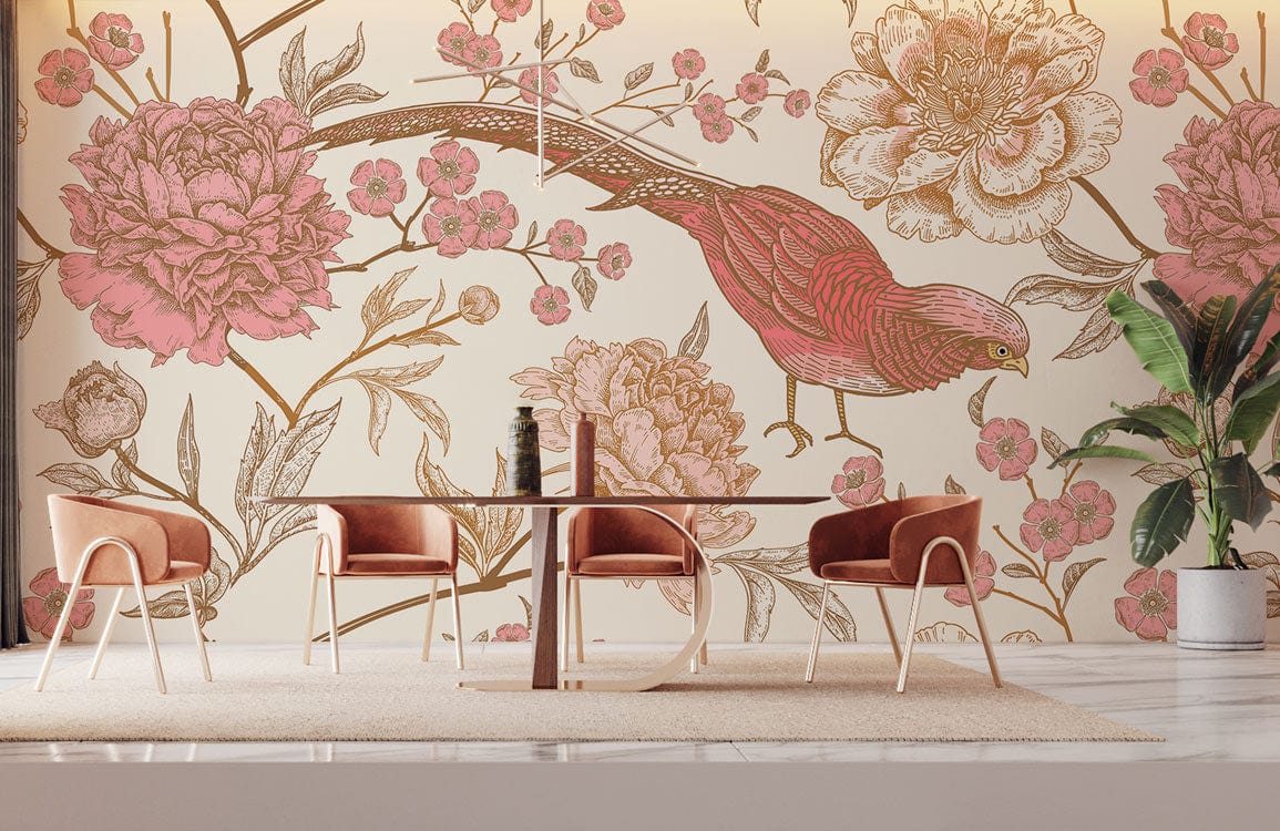 papier peint mural rose floral et oiseaux pour chambre