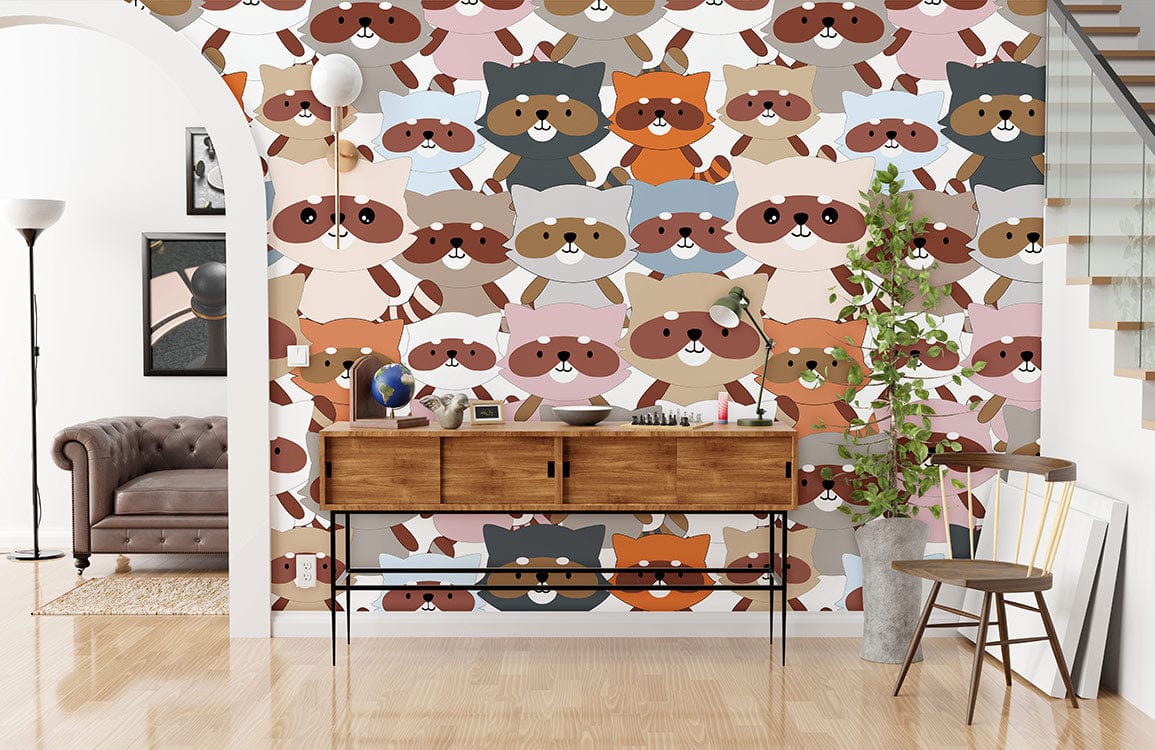 papier peint mural personnalisé pour la maison, un motif répété de mignons ratons-laveurs