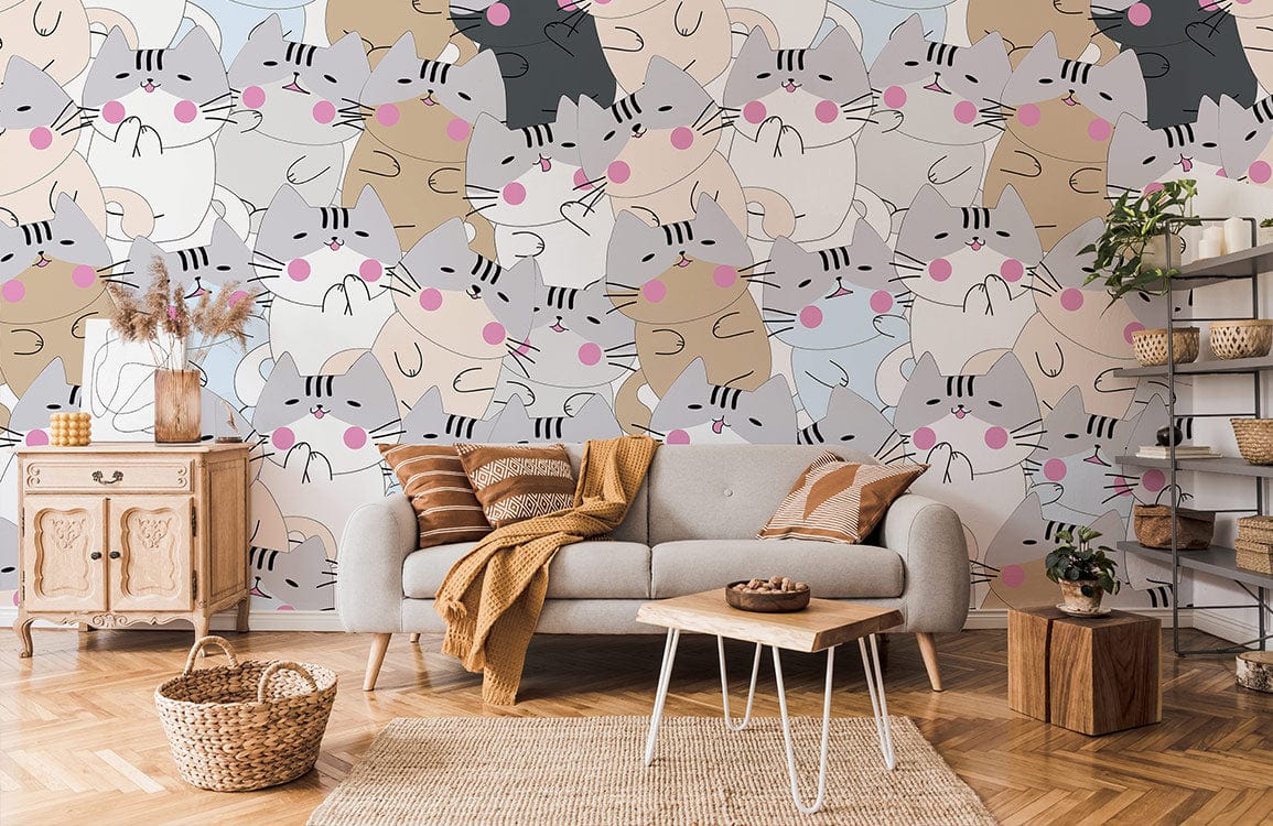 papier peint mural personnalisé pour la maison, un motif répétitif de chats timides