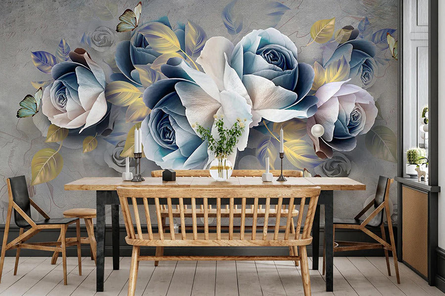 Papier Peint Photo 3D Bleu Fleurs 7431NA – Fresque Murale Familiale, Fabrication Allemande