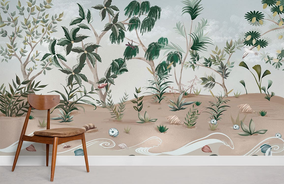 plantes au bord de la mer avec des coquilles et des vagues murales murales pour la maison