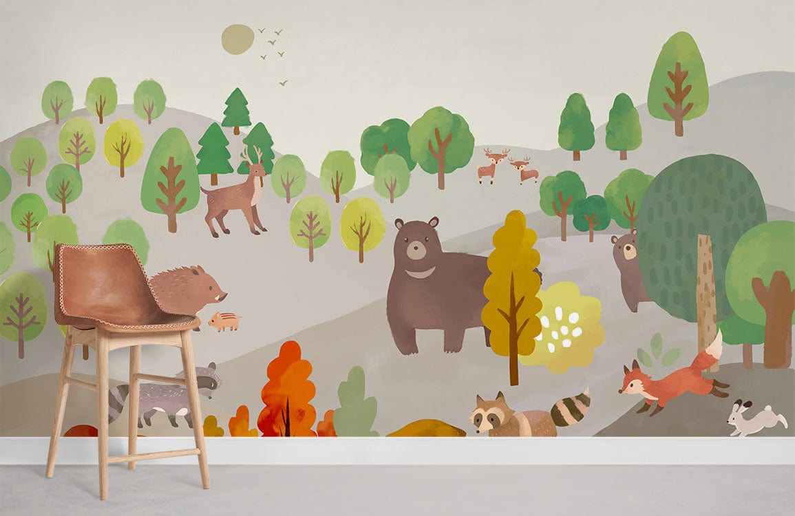 Les animaux forestiers cherchent tous à courir les renards dans le papier peint de la forêt