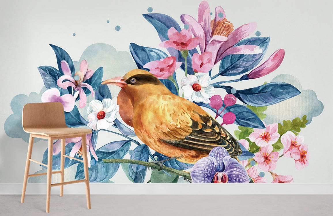 Mignon Bird Stand sur des fleurs peintures murales de branche pour la maison