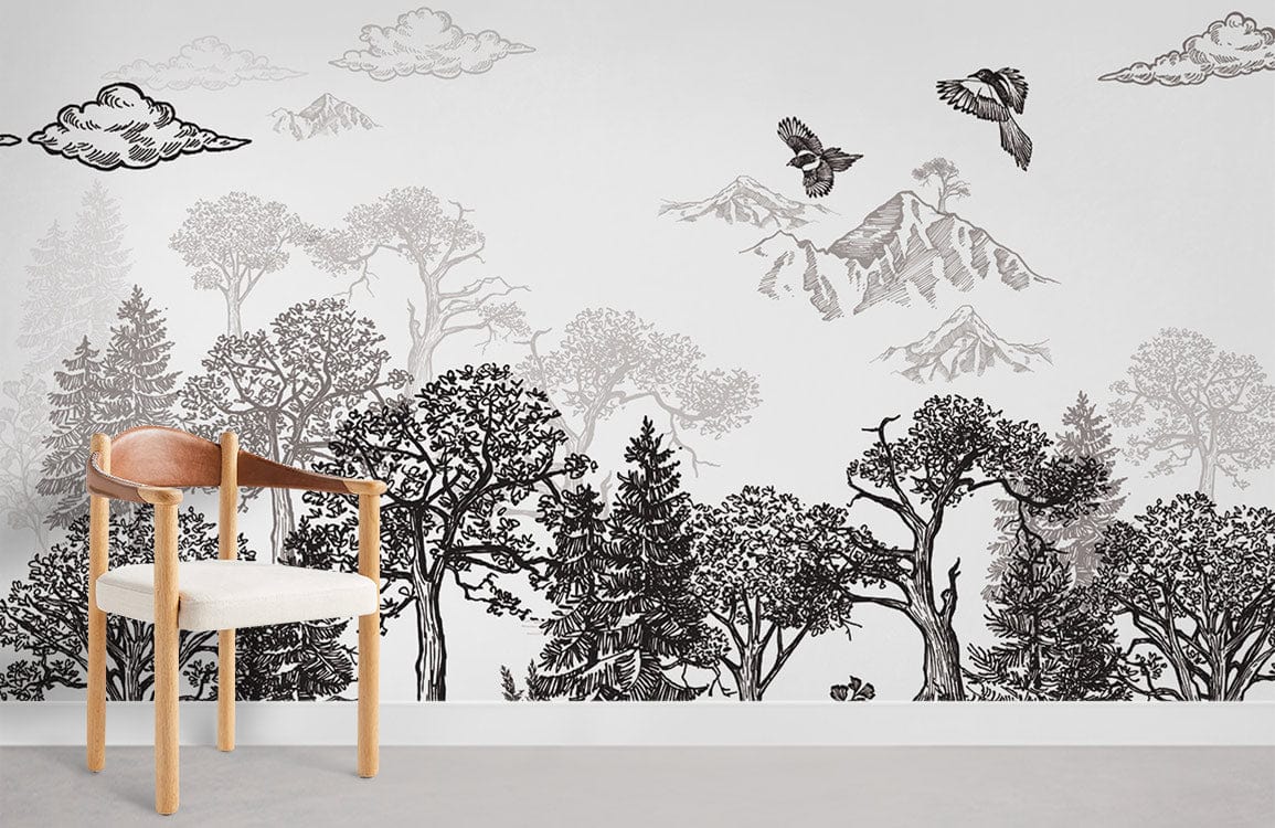 Montagnes et arbres esquisse du papier peint mural salle