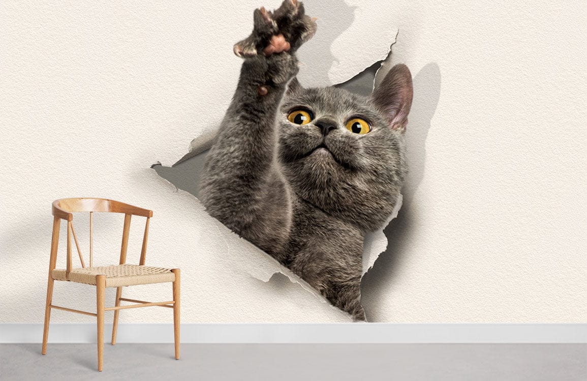 Cat étiré mignon à travers des peintures murales en papier pour la maison