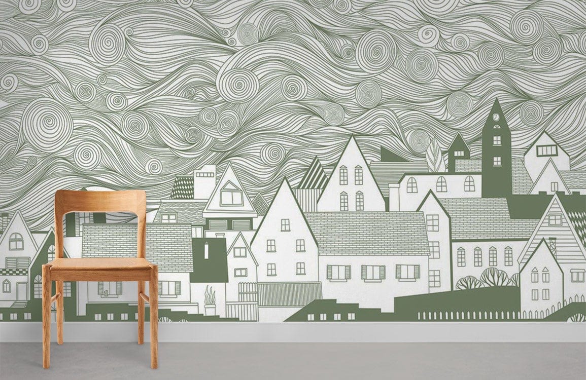 Chambre de papier peint mural abstrait ciel et maison