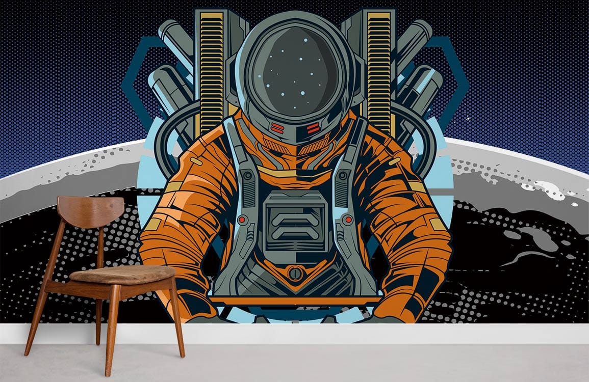 astronaute dans la surface de la planète avec papier peint de la machine Lourd