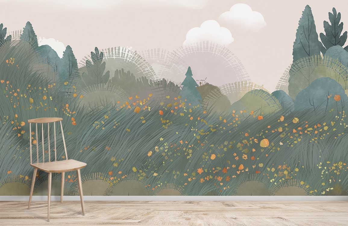 papier peint mural forêt et fleurs de dessin animé