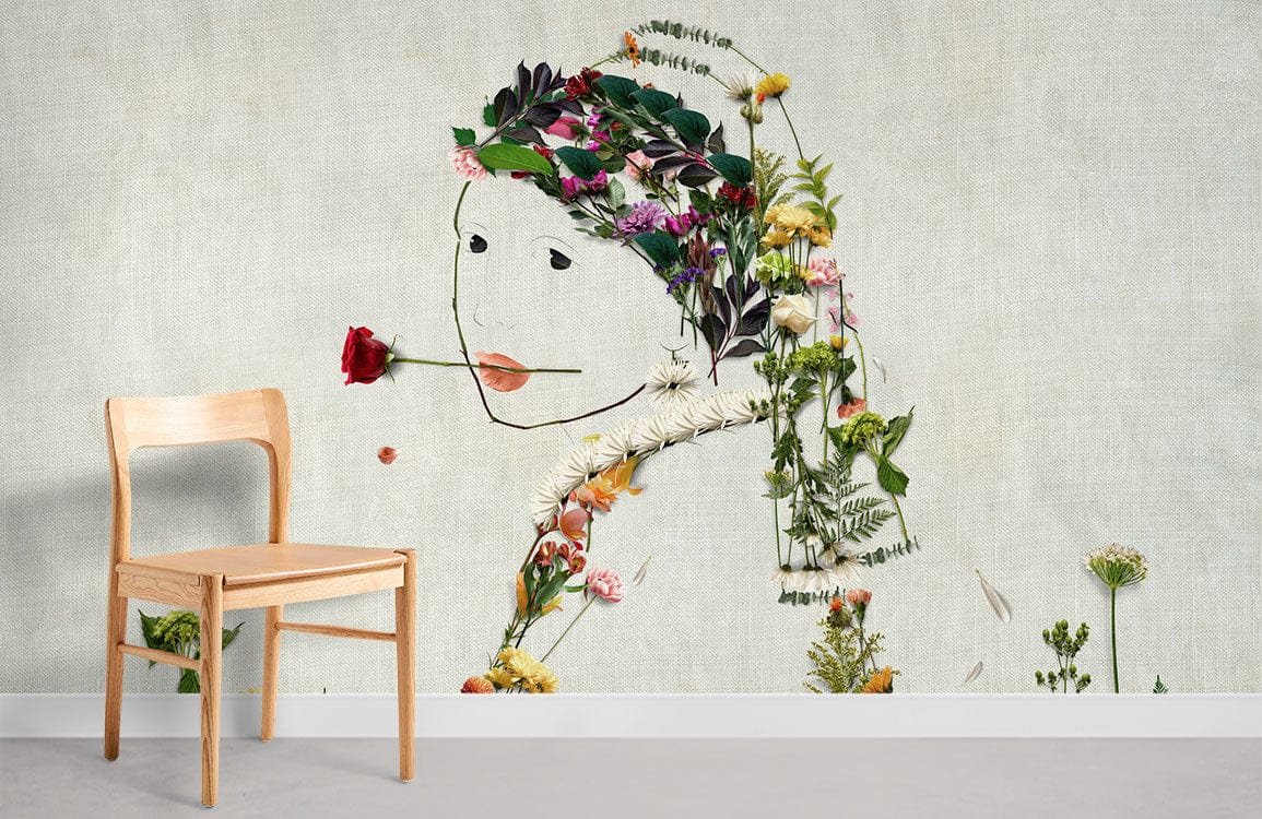 Papier Peint Fresque Fille Fleurs Séchées Chambre