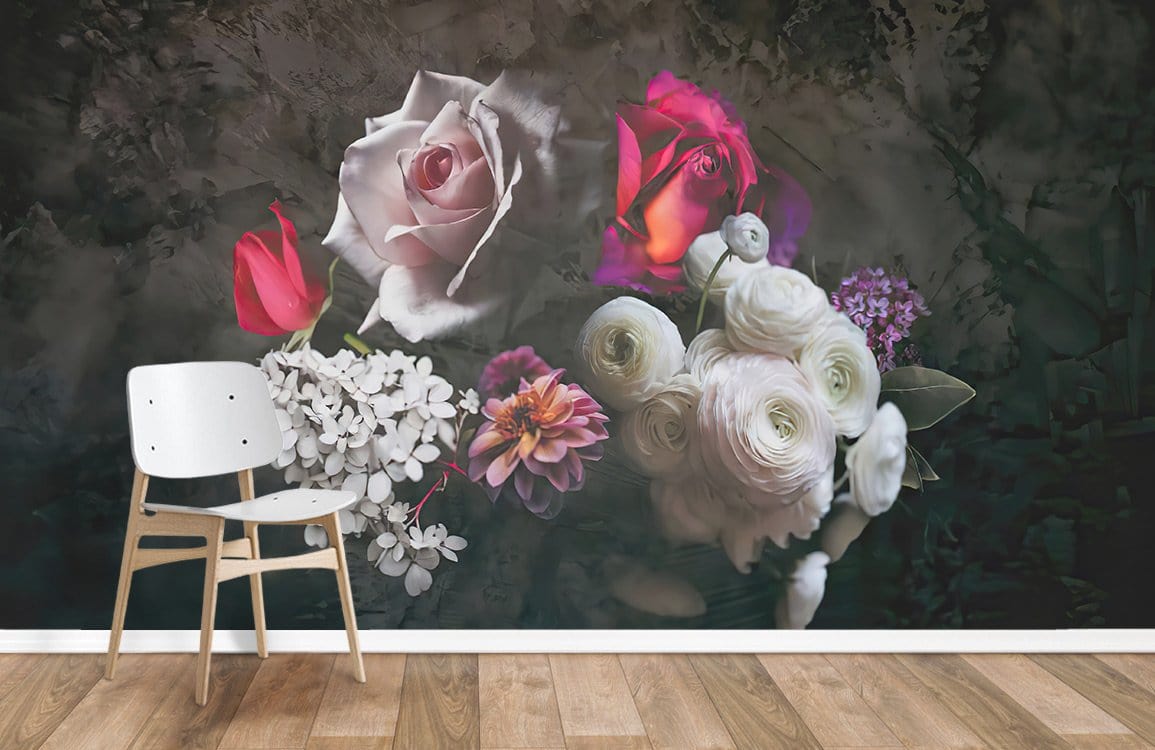 Grappe de fleurs avec l'hortensia et le papier peint rose mural