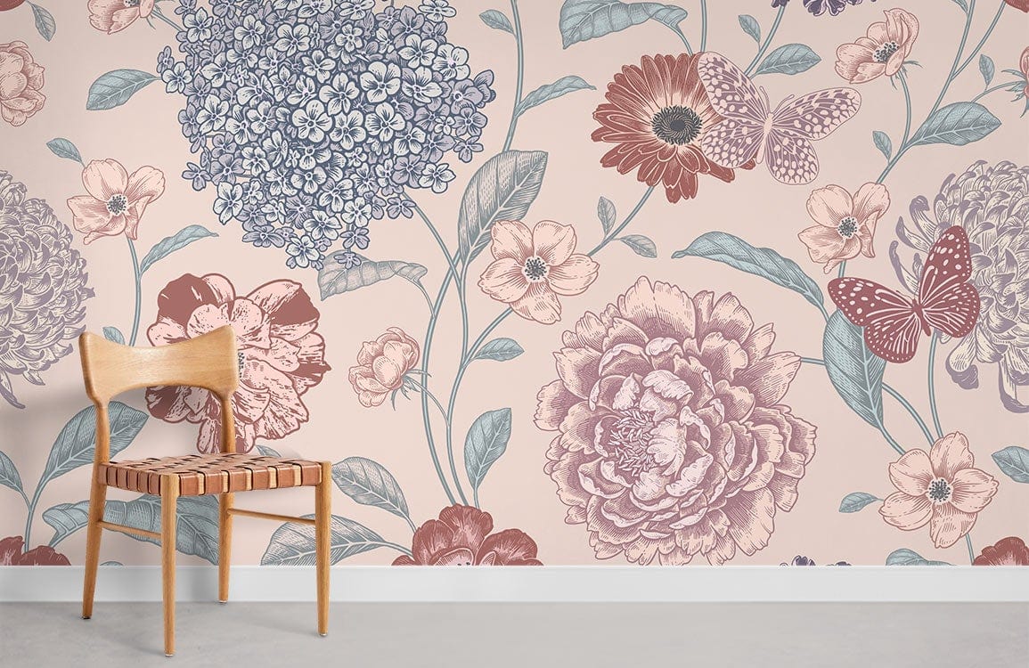 Chambre de papier peint motif hortensia