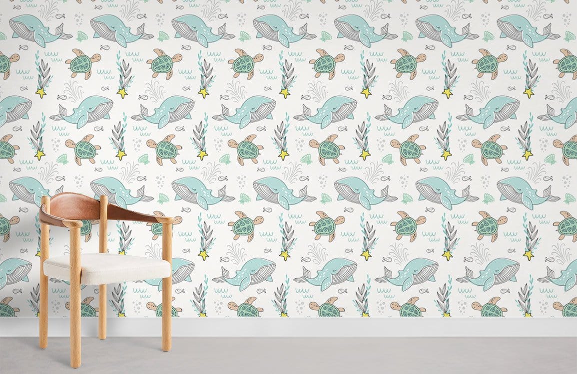 Papier peint mural de dessin animé de la baleine et de tortue