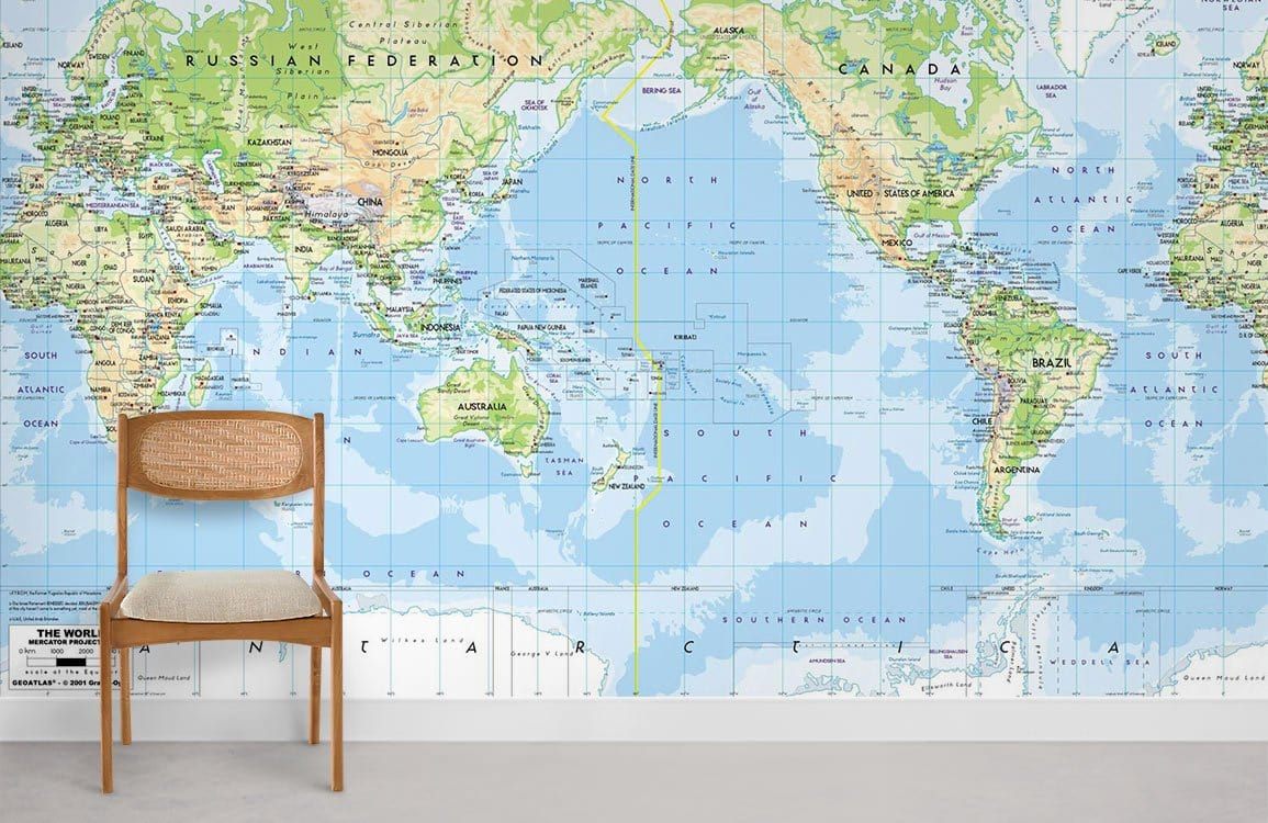 carte du monde centrée sur le pacifique papier peint salle murale