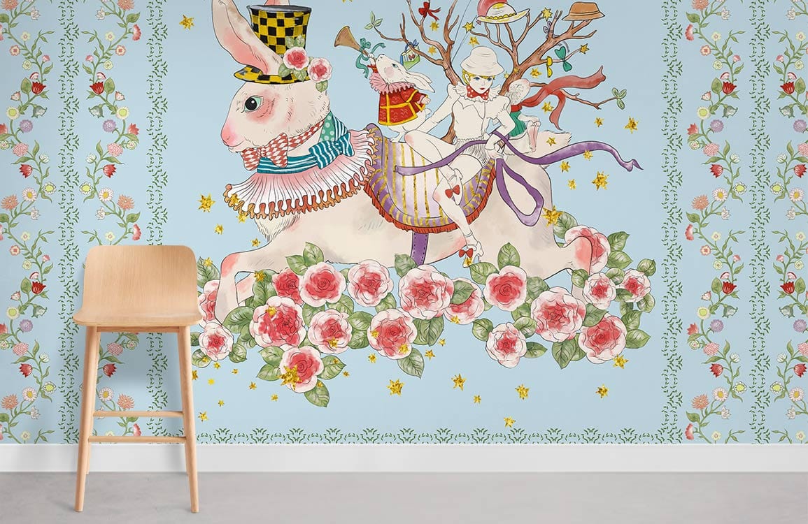 Lapins Fleurs & Fille Papier Peint Chambre Murale