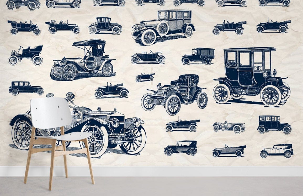 Salle de papier peint motif autos rétro