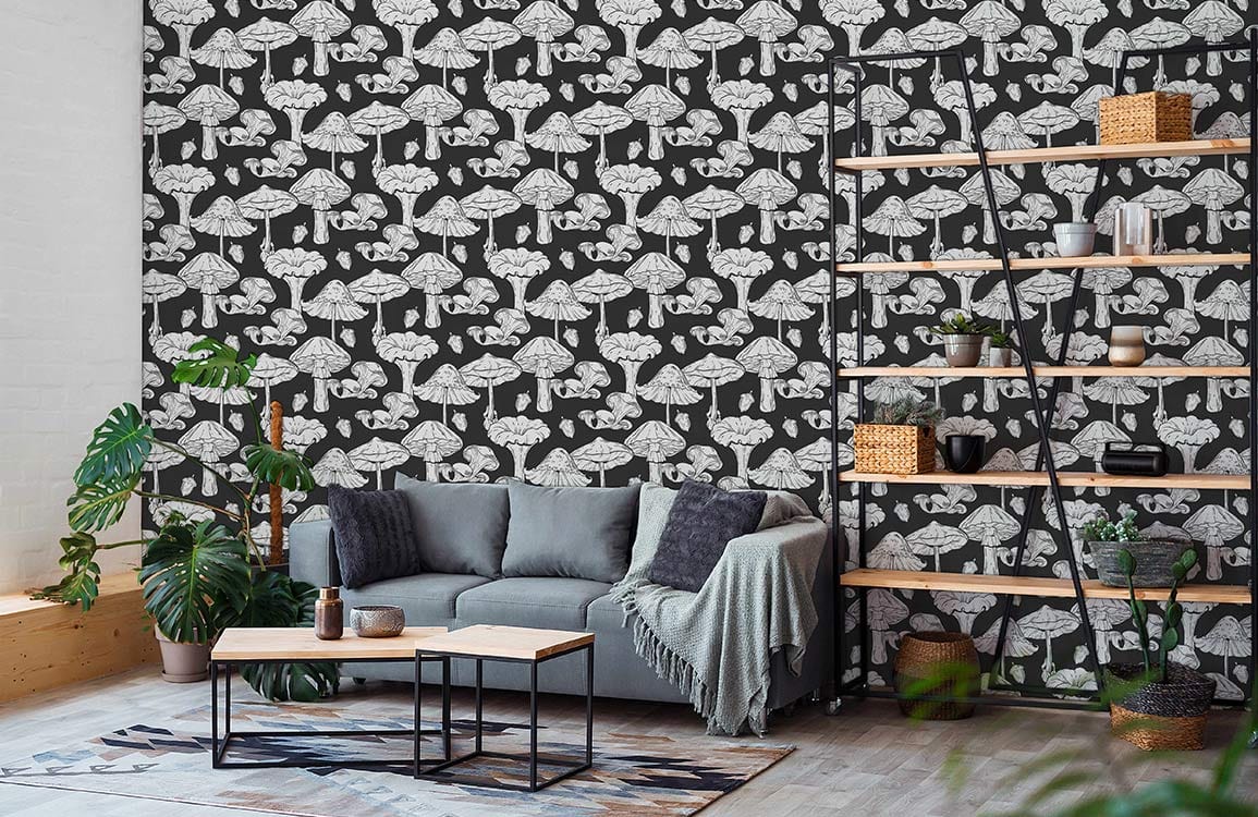 custom wallpaper mural for living room, a design of black mushrooms