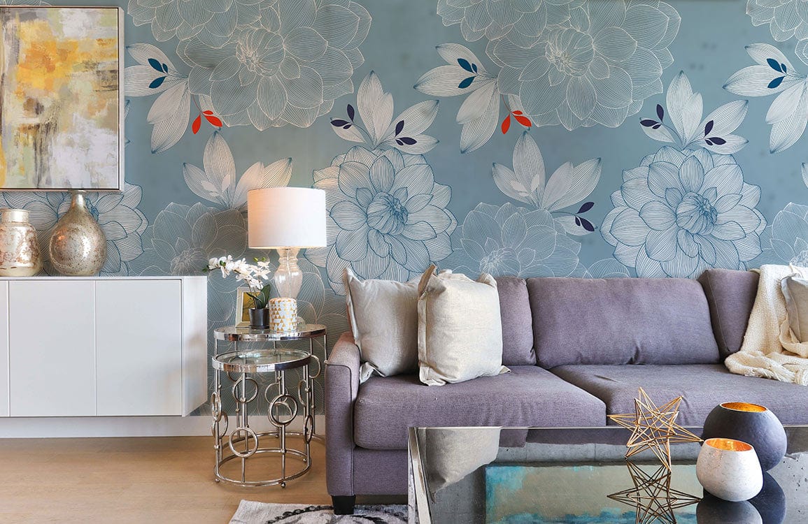 peinture bleue style fleurs papier peint mural pour chambre