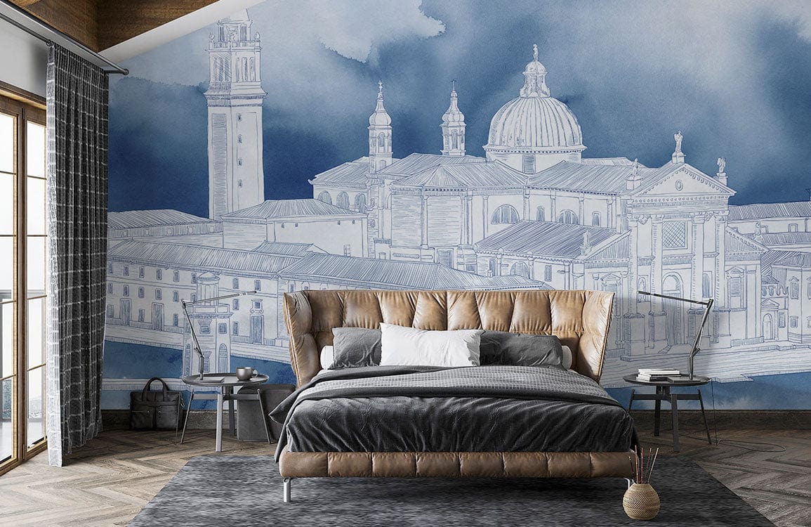papier peint mural personnalisé pour chambre à coucher, une conception de peinture de palais de croquis bleu