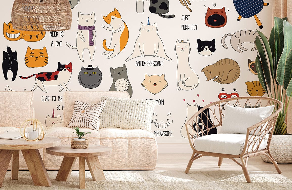 papier peint mural personnalisé pour le salon, un design de motifs de chats variés