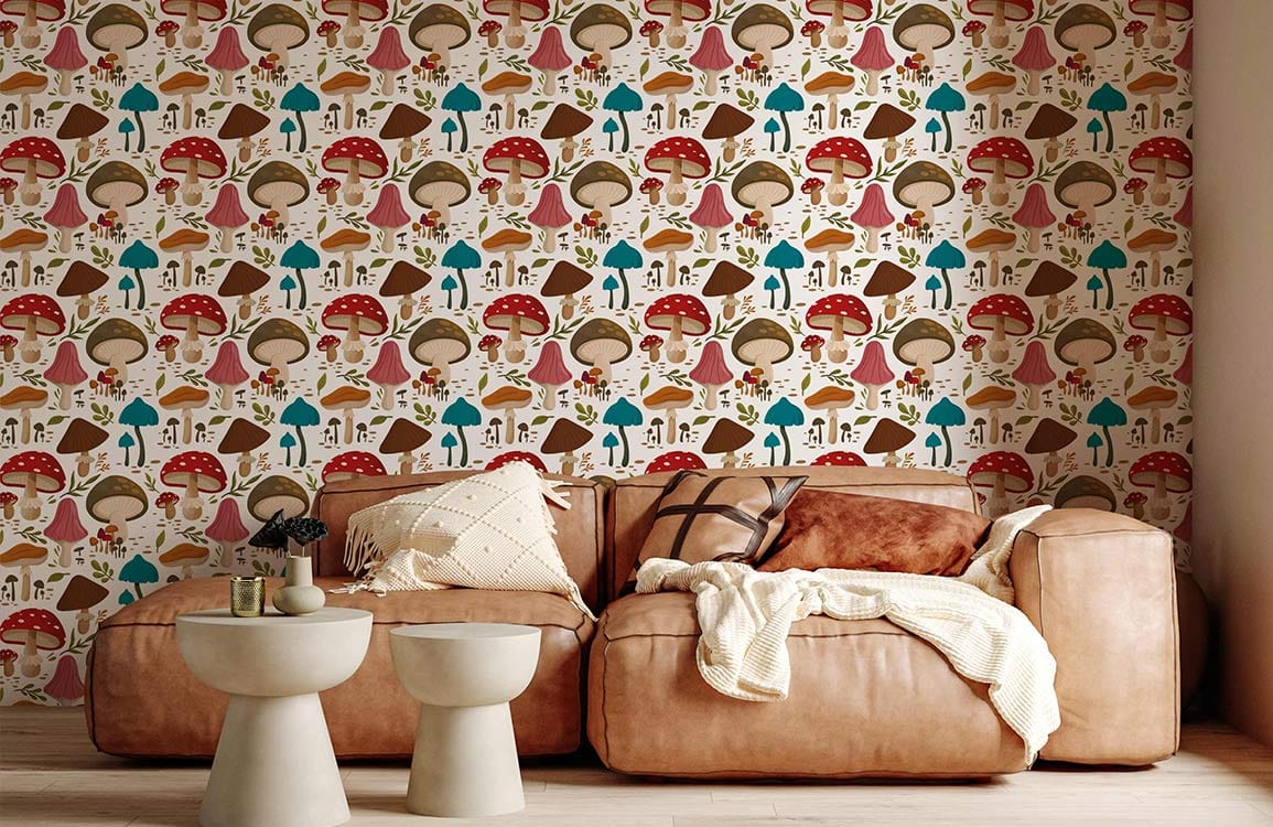papier peint mural personnalisé pour le salon, un design de champignons colorés