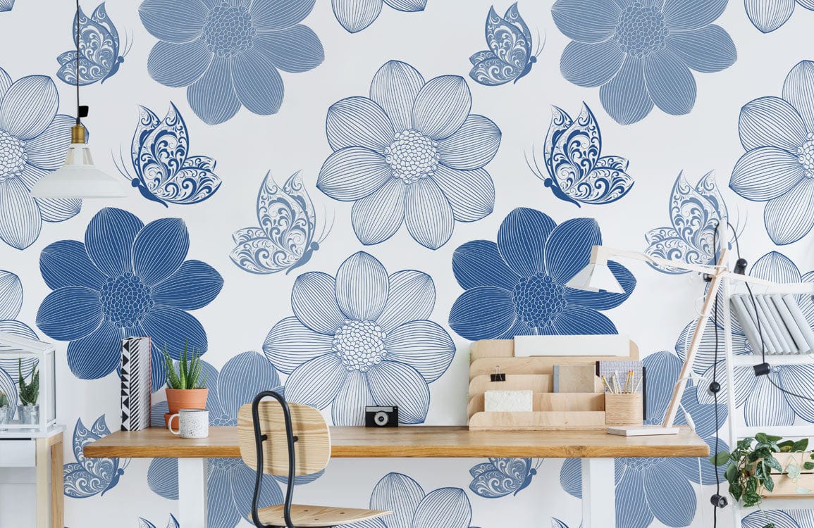 Papier peint unique de fleurs et papillons bleu ligné pour chambre