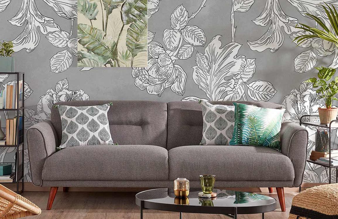 Papier peint mural personnalisé pour le salon, un dessin de croquis de fleurs grises