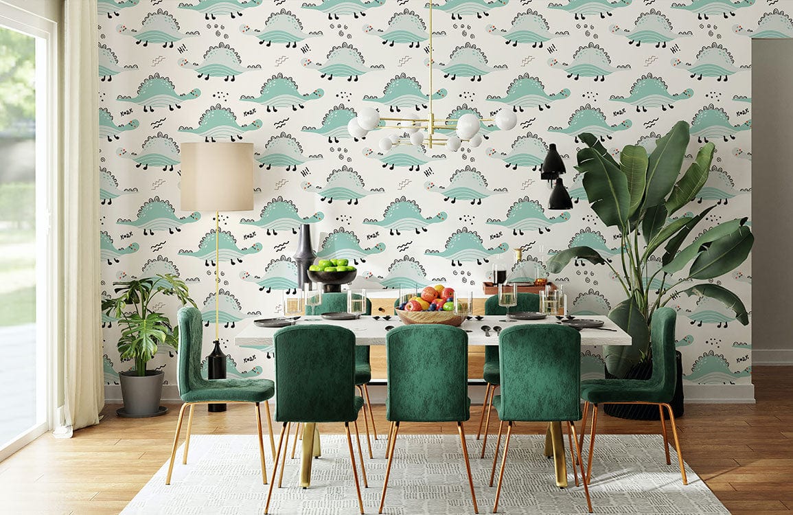 papier peint mural vert frais à motifs répétés de dinosaures et d'animaux