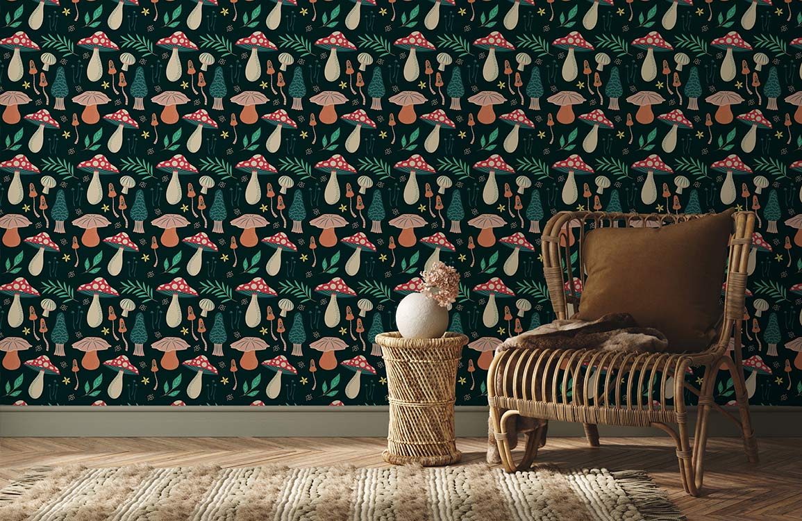 repeat mushrooms in different colours above jasper backgroundwallpaper mural for hallway