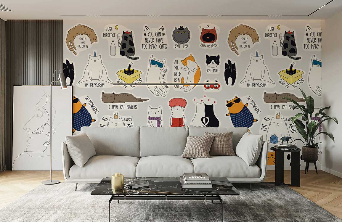papier peint mural personnalisé pour le salon, un design de motifs de chats variés