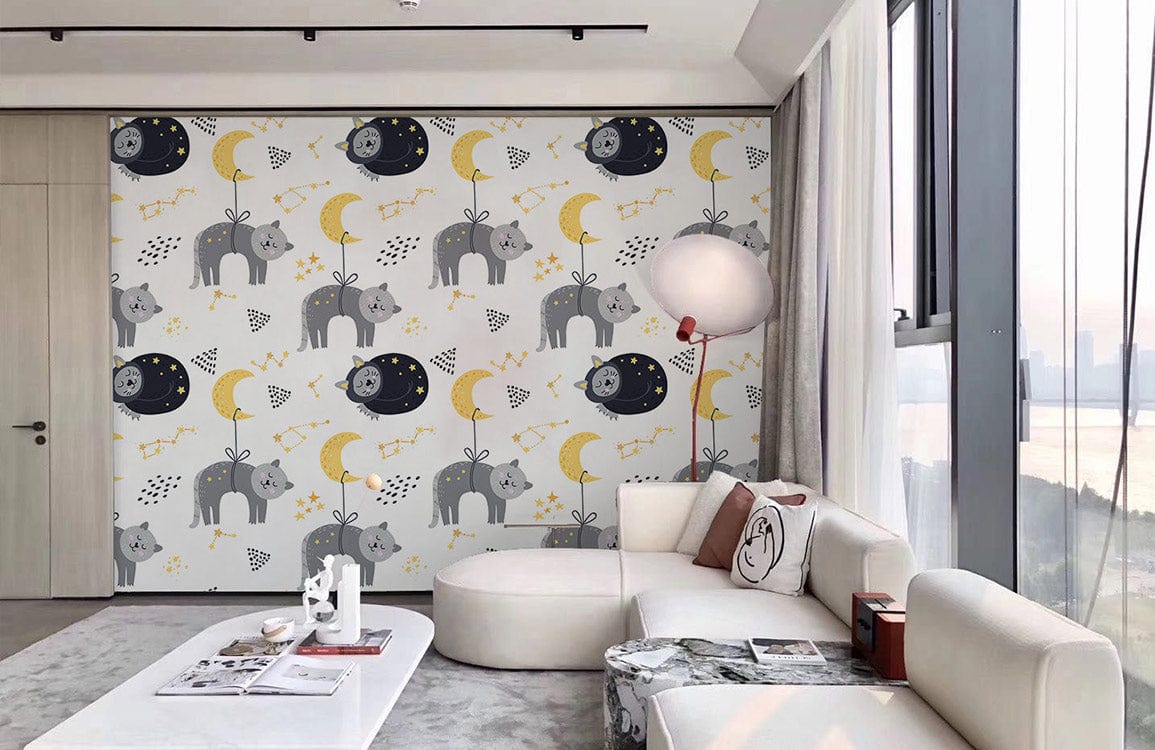 Papier peint pour la maison avec un chat endormi et un motif d'animaux de la lune.