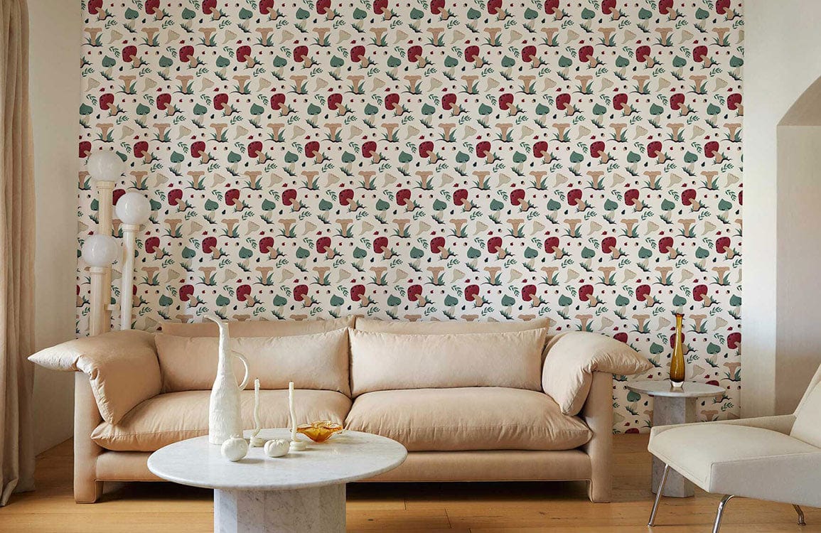 custom wallpaper mural for living room, a design of neutral and red mushrooms
