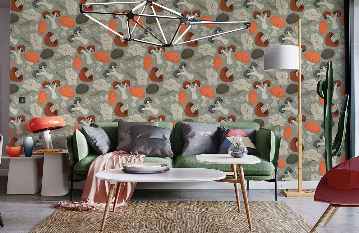papier peint mural personnalisé pour le salon, un design de champignons orange, marron et gris