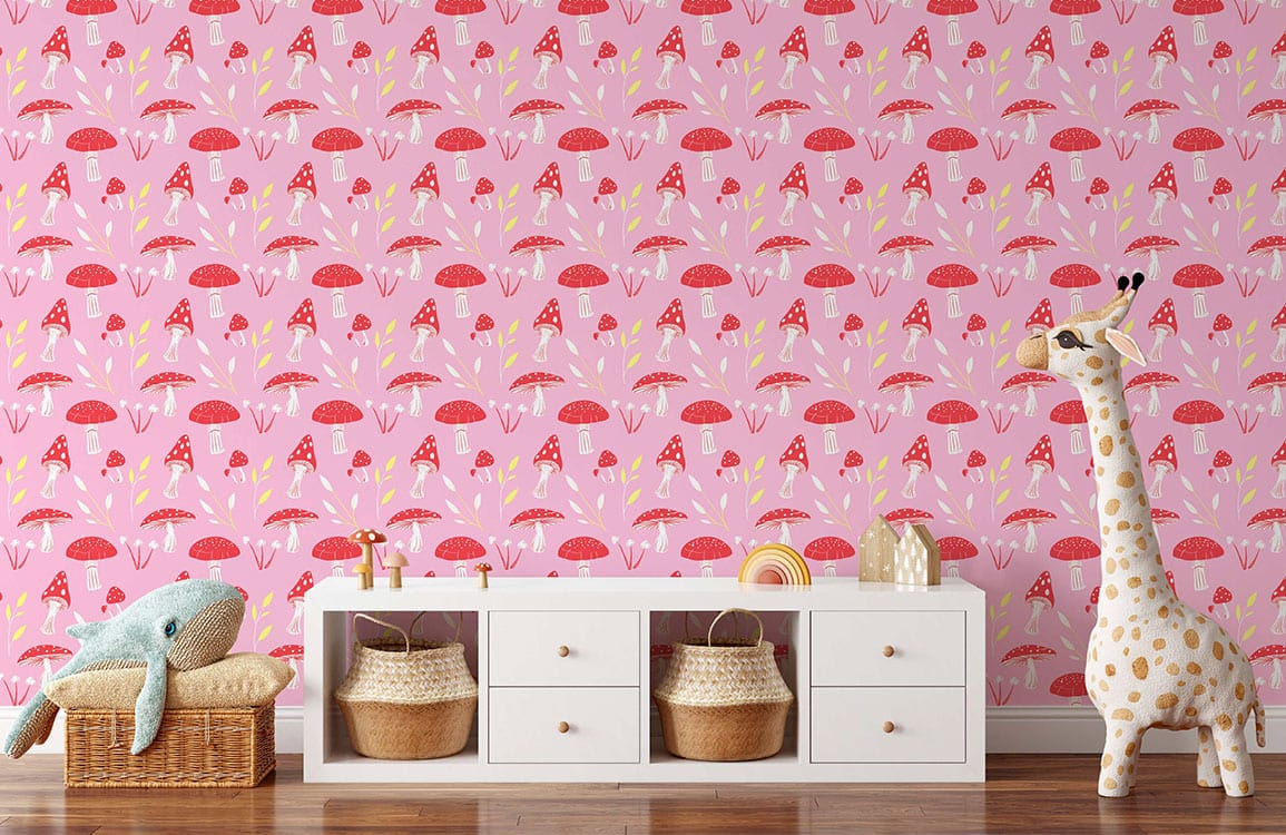 papier peint mural personnalisé pour chambre d'enfant, un design de champignons rose layette