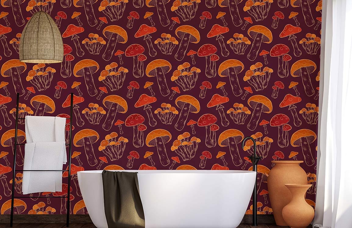 hot red mushrooms pattern wallpaper mural for bathroom deisgn