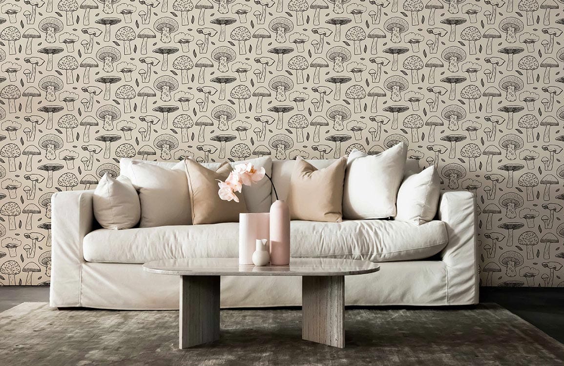 custom wallpaper mural for living room, a design of neutral mushrooms