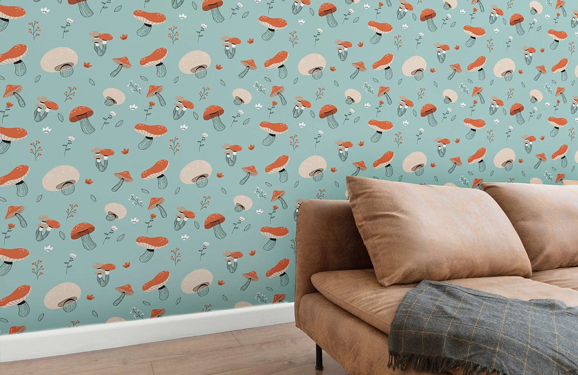special living room wallpaper mural, a design of turquoise mushrooms